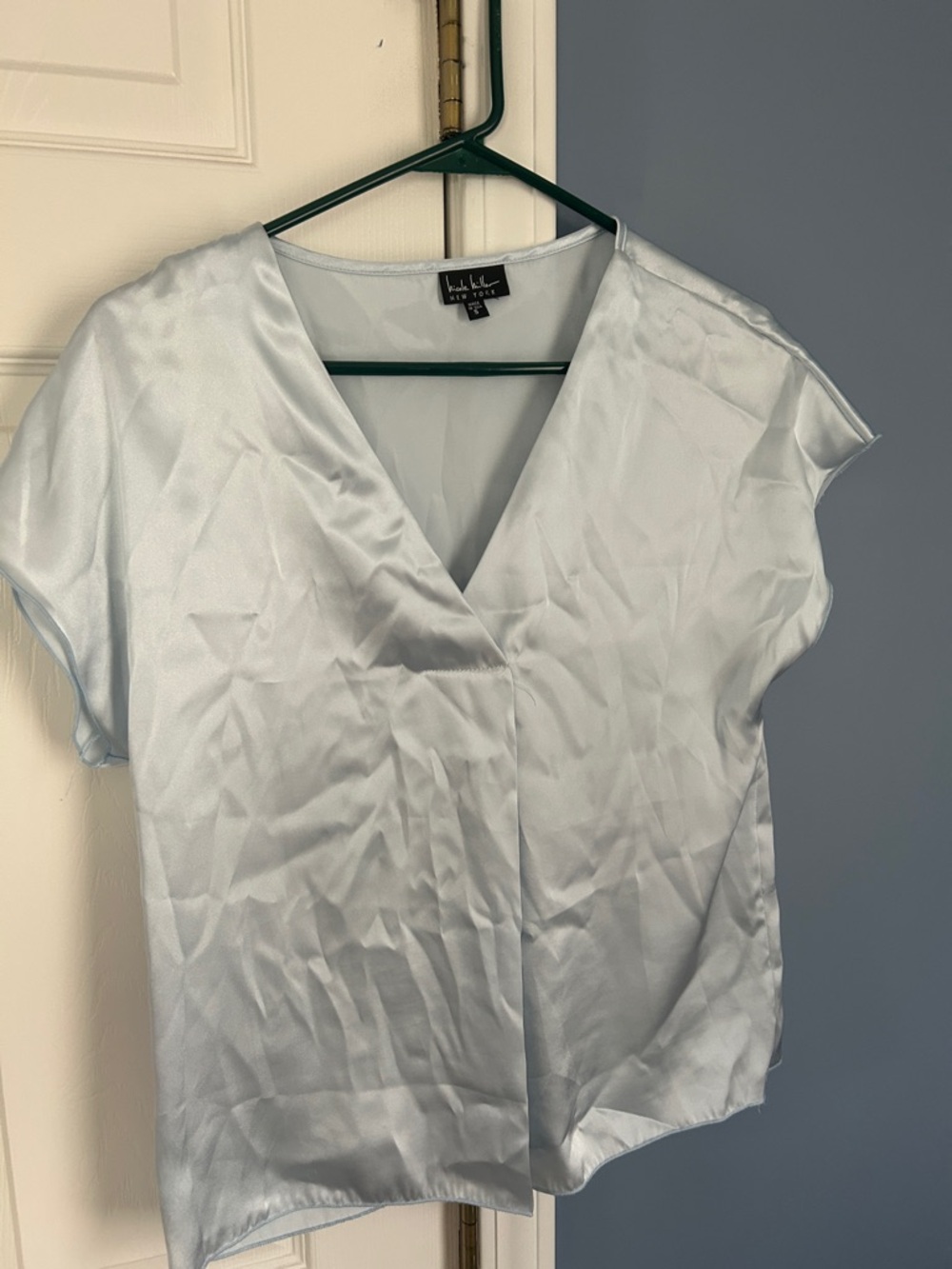 Nicole Miller Light Blue Satin V-Neck Cap Sleeve Blouse